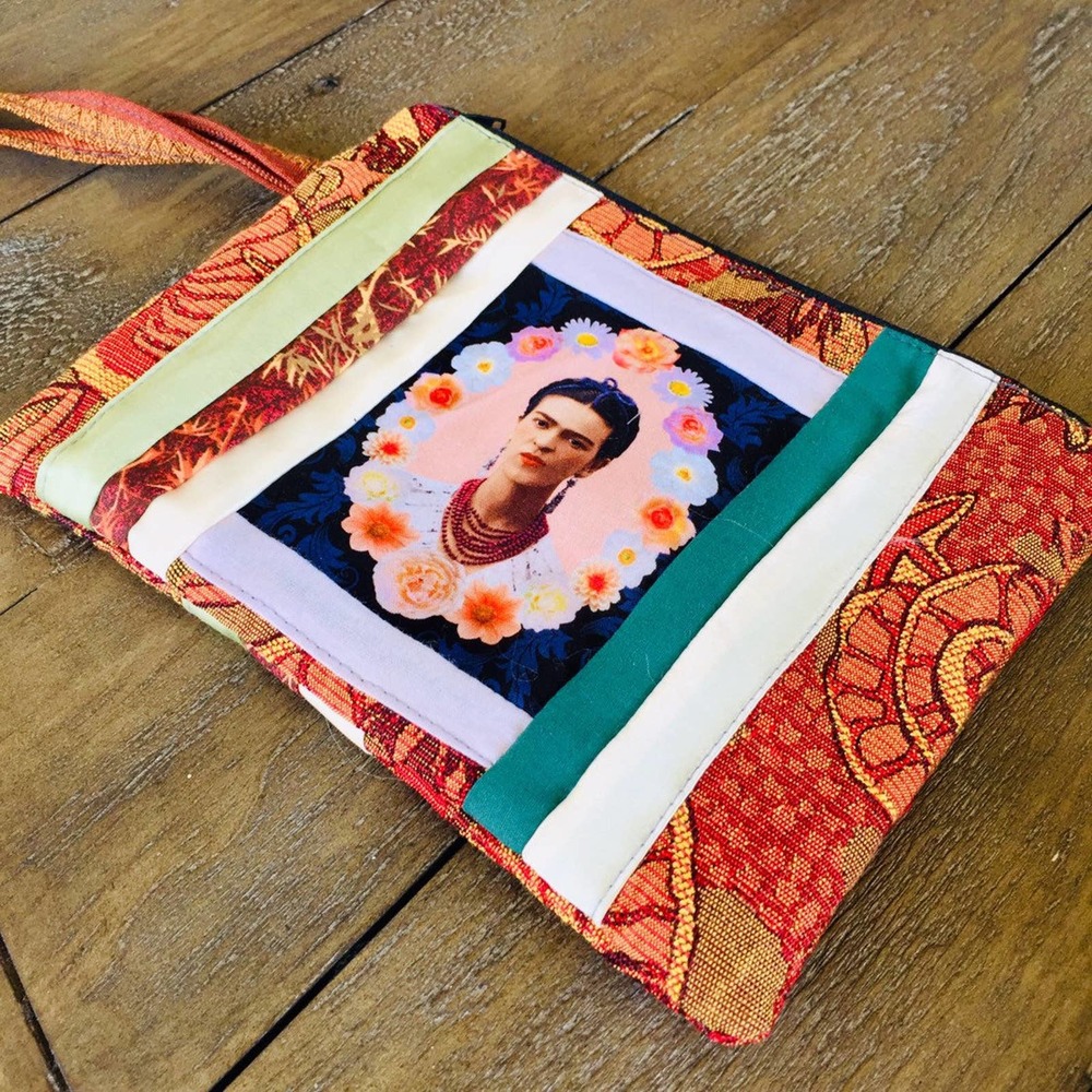 Frida Kahlo handmade patchwork wristlet bag
